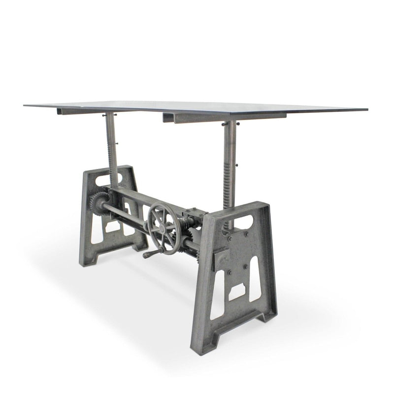 Industrial Writing Table Desk - Adjustable Height Iron Base - Glass Top - Knox Deco - Desks