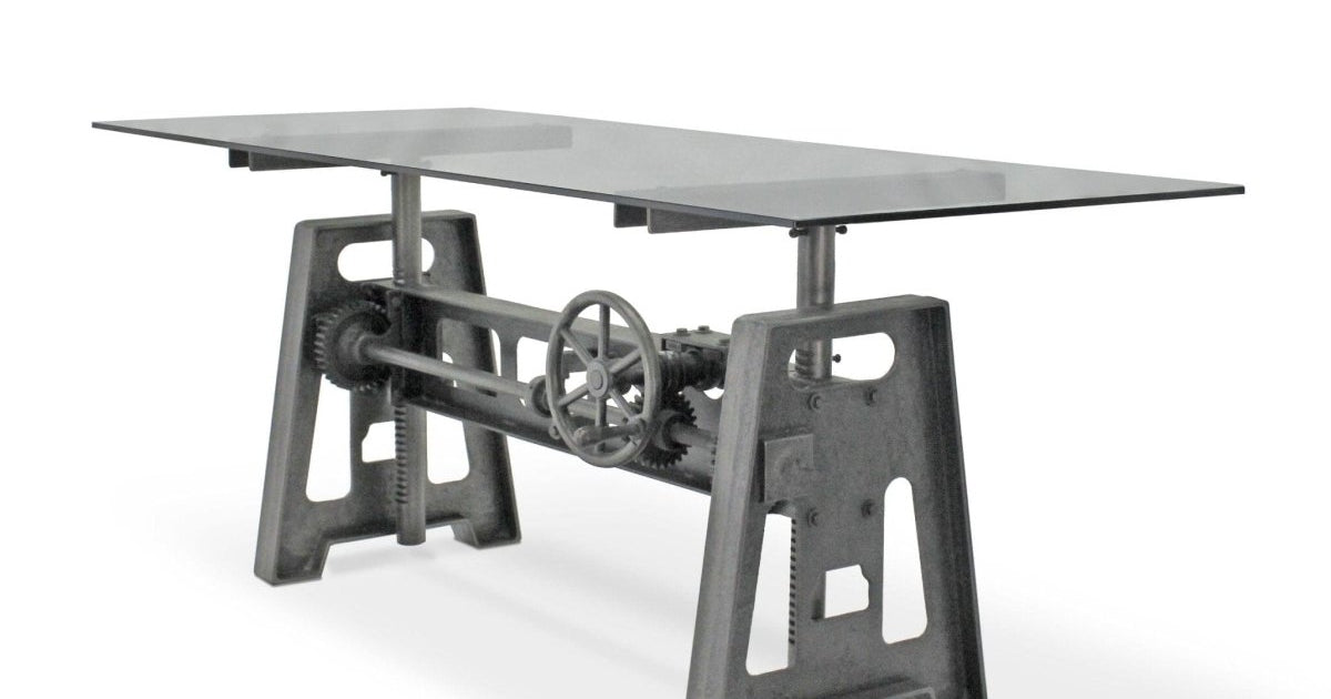 Industrial Writing Table Desk - Adjustable Height Iron Base - Glass Top ...