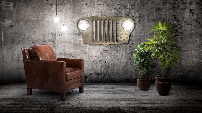 Jeep Grille Lighted Wall Art Willys Headlights - WWII Army Green - Knox Deco - Decor