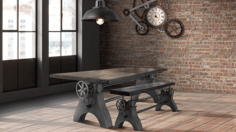KNOX Adjustable Bench Dining to Bar Height - Iron Crank - Rustic Ebony Seat - Knox Deco - Seating