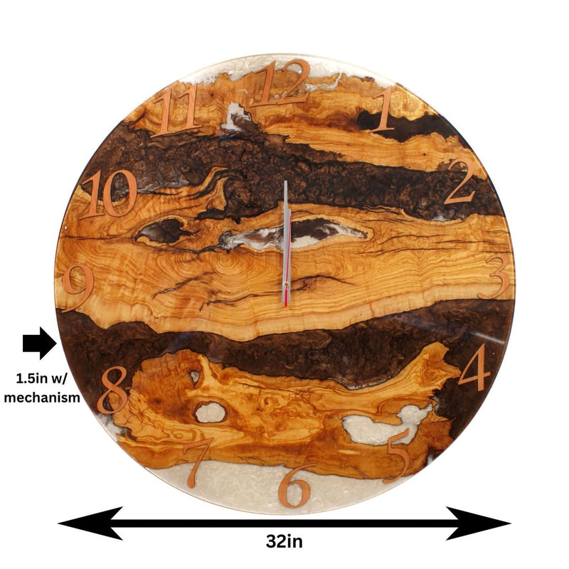 Large White Brown Resin Epoxy Wall Clock Live Edge Olive Wood 32 Inches - Knox Deco - Wall Clock