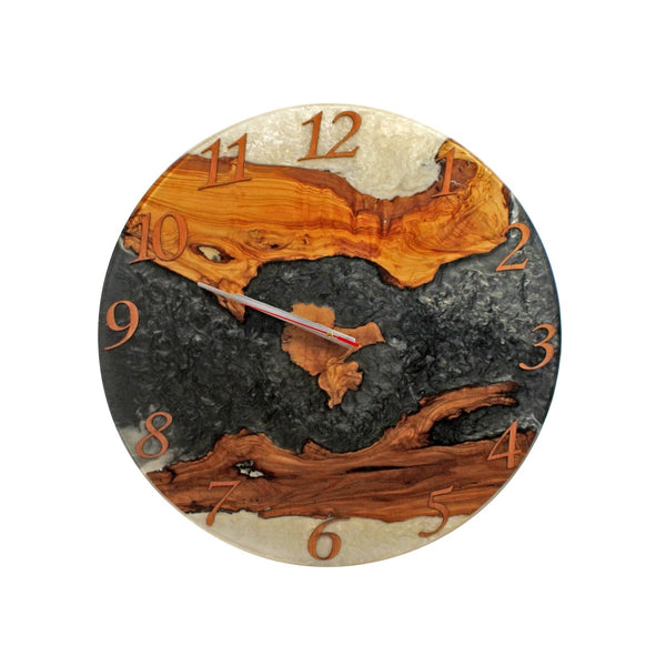 Live Edge Epoxy Wall Clock - Olive Wood Black White Resin - 24 Inches - Knox Deco - Wall Clock