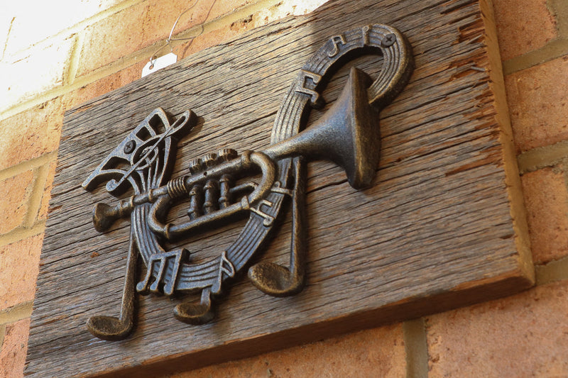 Jazz Trumpet Playing Musical Notes Wall Hanger - Cast Iron Metal