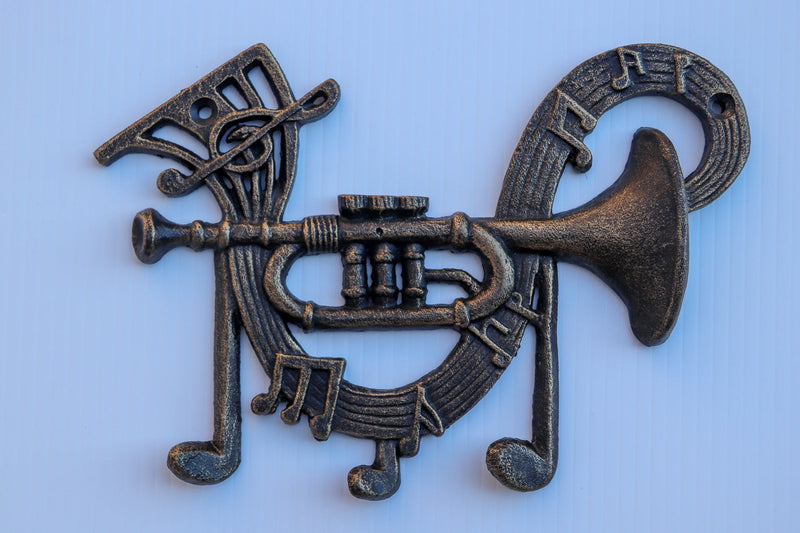 Jazz Trumpet Playing Musical Notes Wall Hanger - Cast Iron Metal Hooks - Knox Deco - Decor