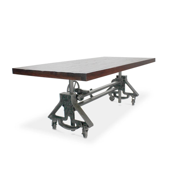 Otis Steel Dining Table - Adjustable Iron Base - Casters - Rustic Mahogany - Knox Deco - Tables