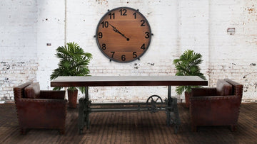 Otis Steel Dining Table - Adjustable Iron Base - Casters - Rustic Mahogany - Knox Deco - Tables