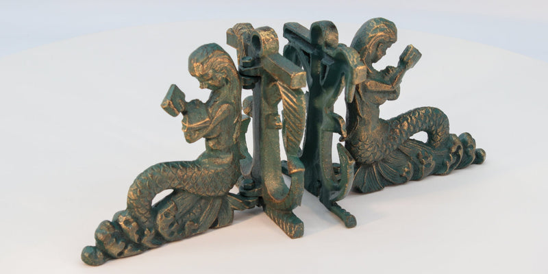 Reading Mermaids Figurine Bookends - Metal - Cast Iron - Pair - Knox Deco - Bookends