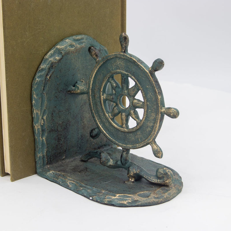 Vintage Nautical Ship Wheel Bookends - Metal - Cast Iron - Pair - Knox Deco - Bookends